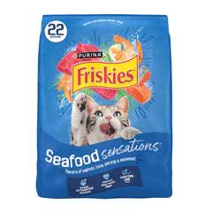 Friskies Seafood Sensations bag view for 22 lb dry cat food, ideal for everyday feeding