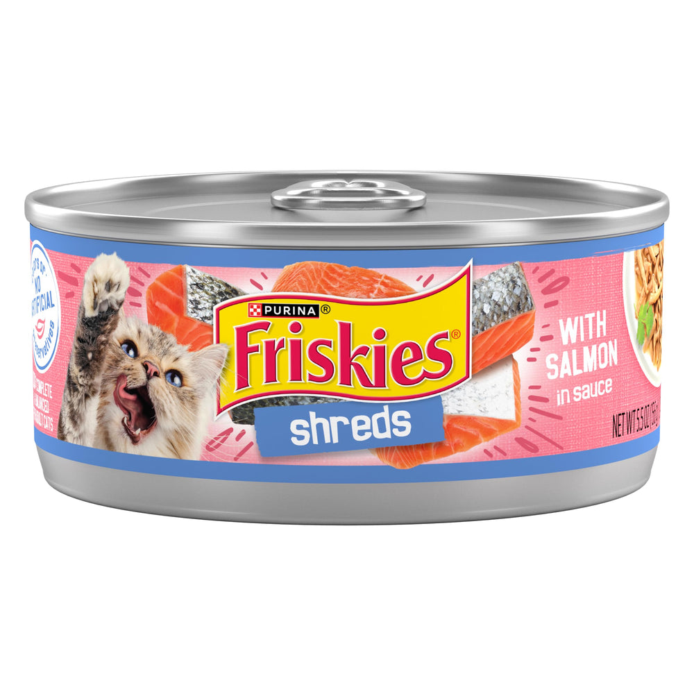 Friskies Shreds Salmon in Sauce can closeup shows real salmon for tasty meals.