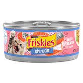 Friskies Shreds Salmon in Sauce can closeup shows real salmon for tasty meals.