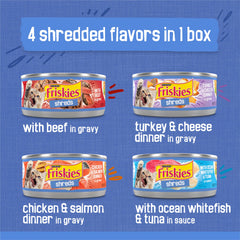 Friskies shreds turkey and cheese dinner with gravy, tasty texture for picky eaters.