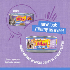 Friskies Shreds Turkey Dinner in Gravy close-up shows tender turkey shreds for texture.