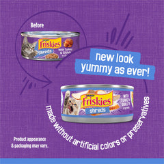Purina Friskies Shreds close-up showing turkey shreds and rich gravy for tasty feeding.
