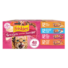 Friskies Surfin’ and Turfin’ Prime Filets variety pack can showing 48 cans for rotating flavors