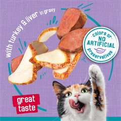 Real turkey and liver provide protein-rich flavor in Friskies Tasty Treasures.
