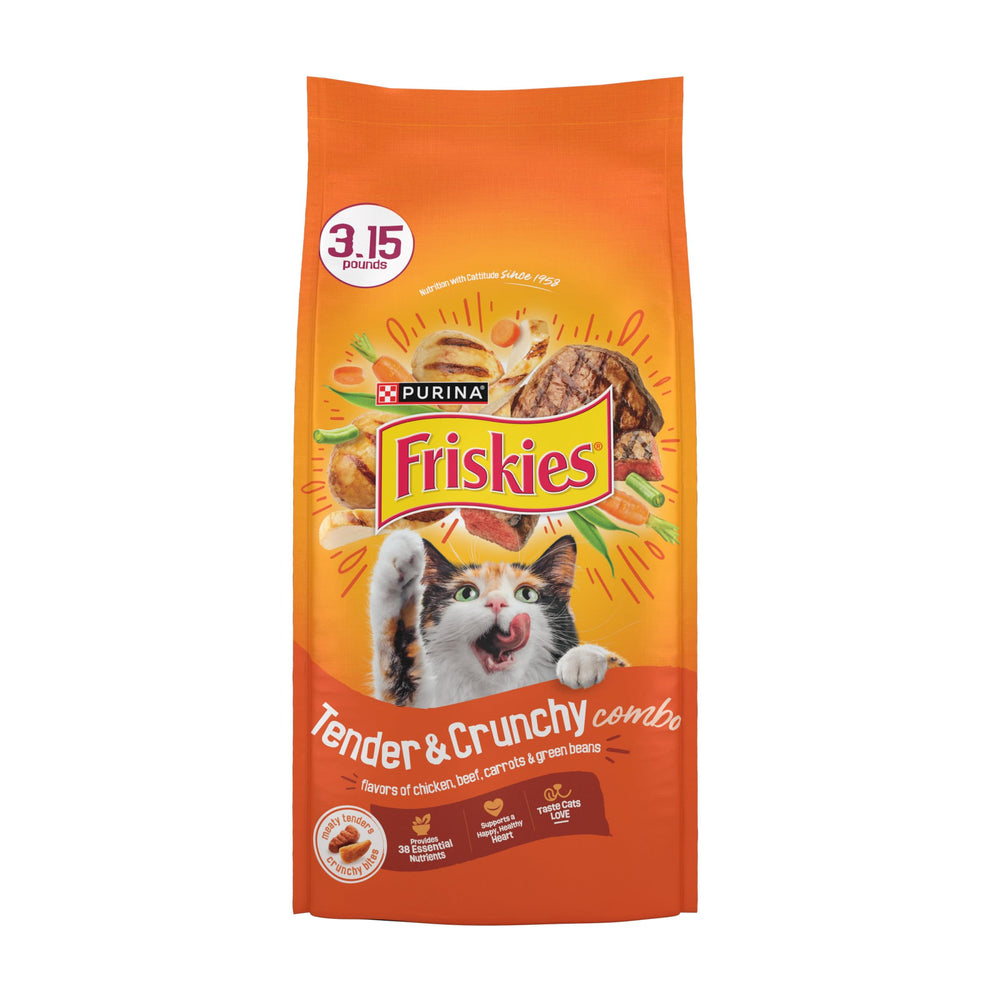 Friskies Tender and Crunch close-up of chicken-beef kibble texture.