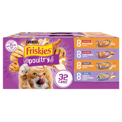 Friskies variety pack gravy image showing 32 cans for varied meals and convenience