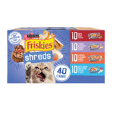 Friskies variety pack shreds chicken and salmon in gravy for tempting texture.