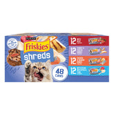 Friskies wet cat food variety pack with shredded chicken and salmon dinner in gravy for mealtime appeal