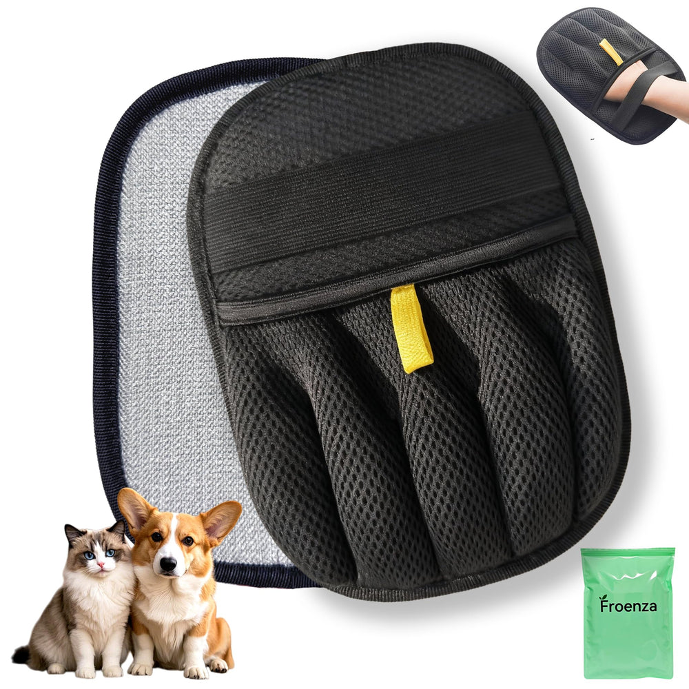 Froenza pet hair removal glove gliding over a couch to lift fur.