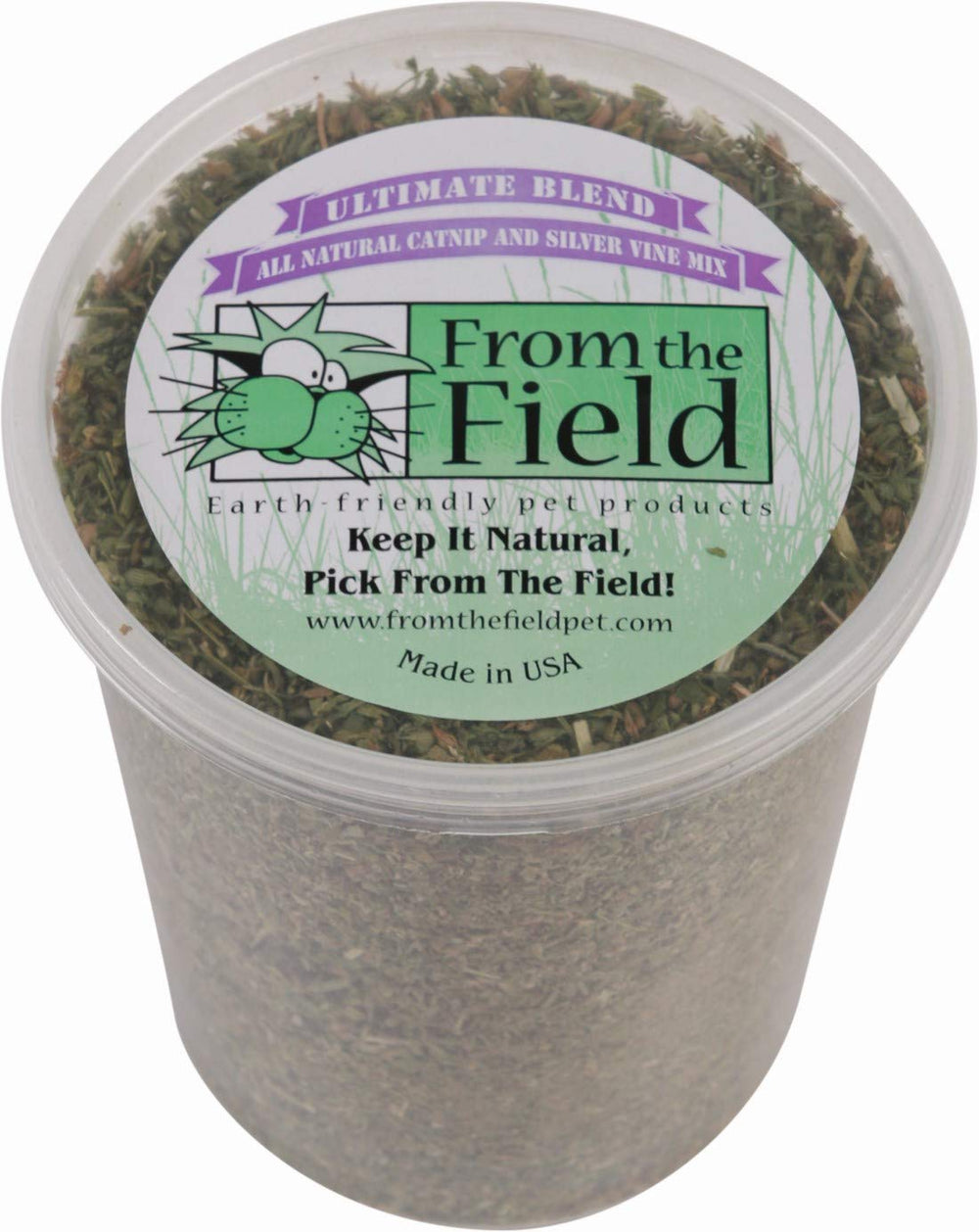 From The Field Ultimate Blend bottle showing Silver Vine and catnip aroma for play