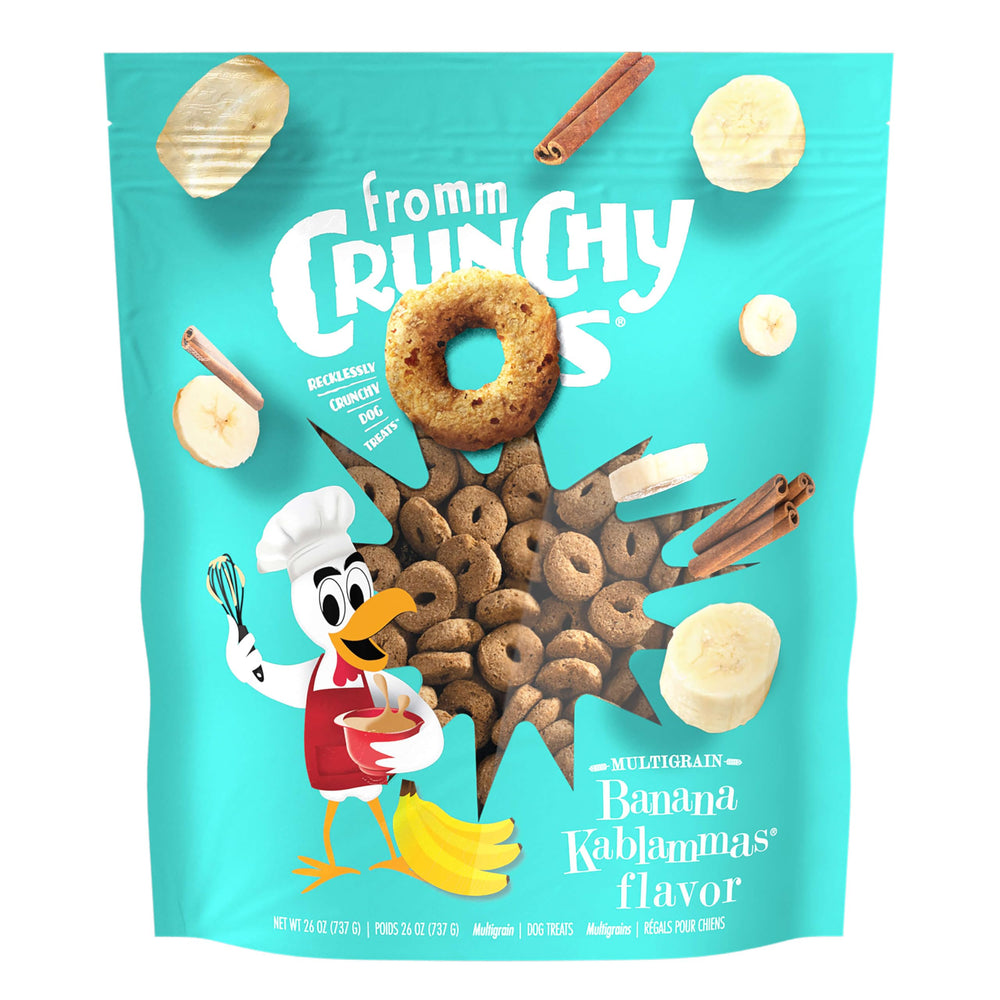 Fromm Crunchy Os Banana Kablammas bag front with resealable packaging for freshness.