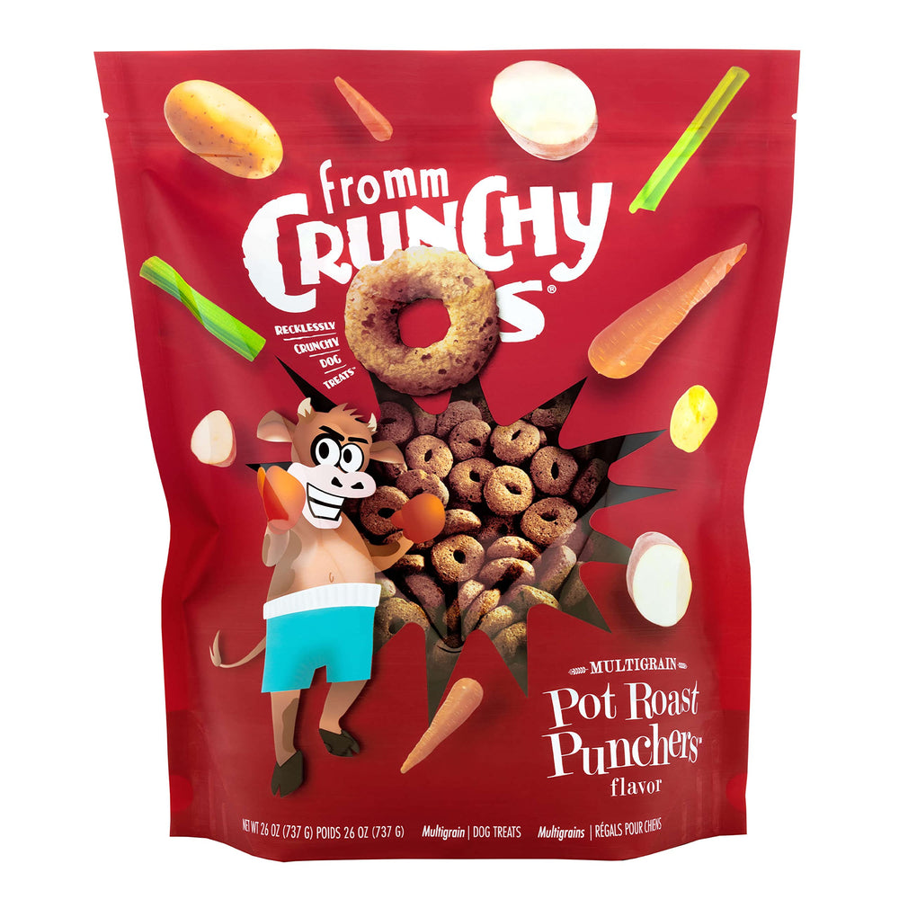 Fromm Crunchy Os Pot Roast Punchers bag front view, premium beef recipe for rewarding training sessions