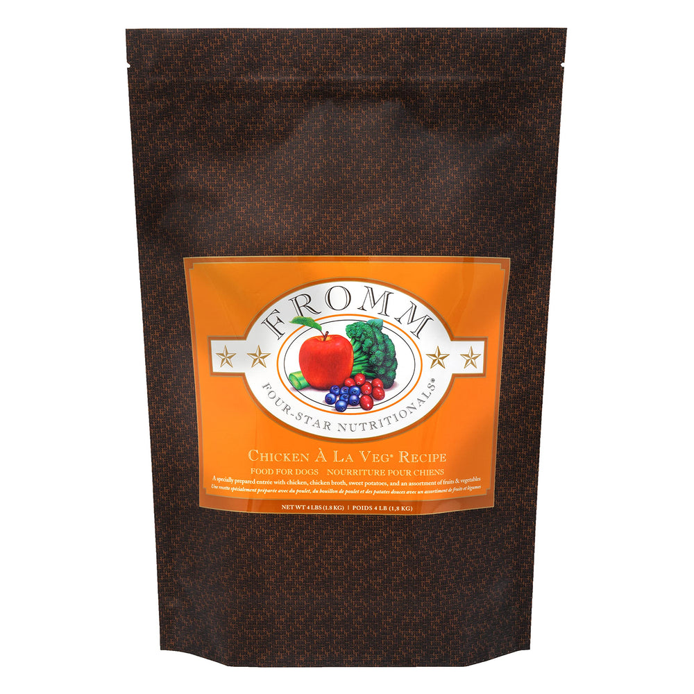 Fromm Four-Star Chicken A La Veg bag closeup highlights premium kibble quality for dogs.