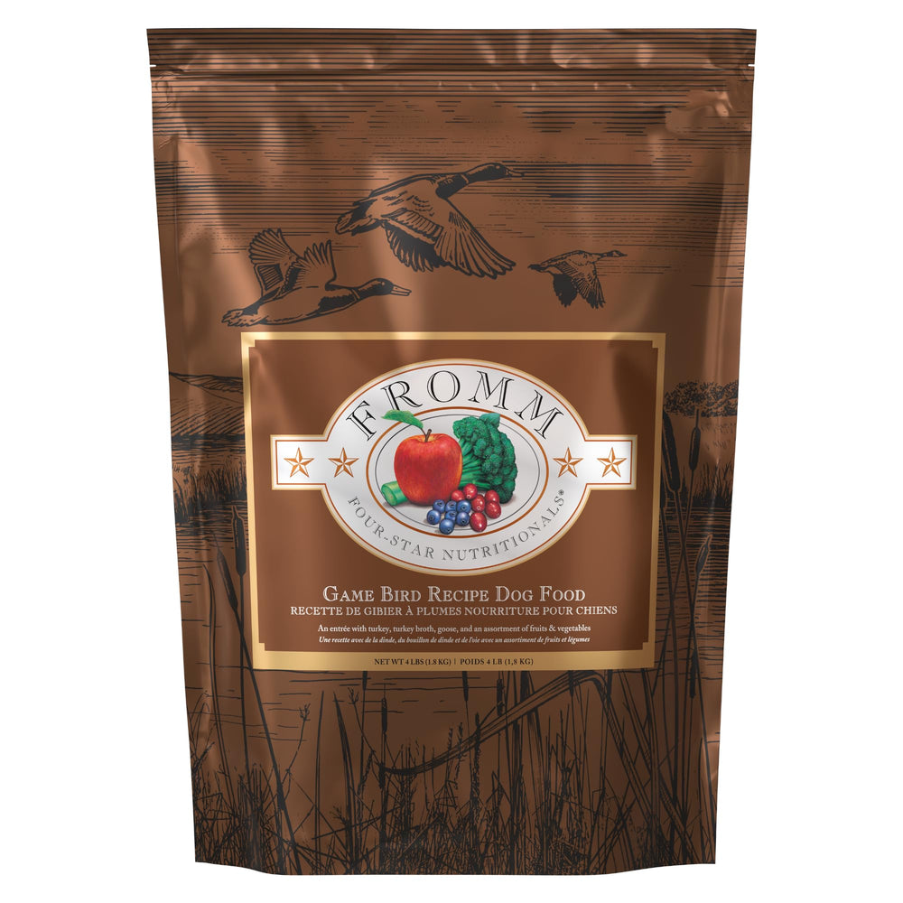 Fromm Four-Star Game Bird dog food bag featuring turkey recipe for all life stages