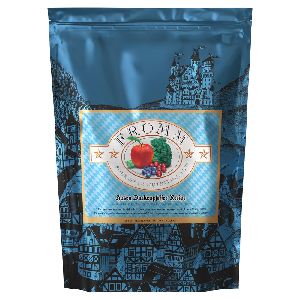 Fromm Hasen Duckenpfeffer dog food bag highlighting premium rabbit and duck protein.