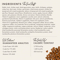 Fromm Hasen Duckenpfeffer kibble closeup emphasizing rabbit and duck protein quality.