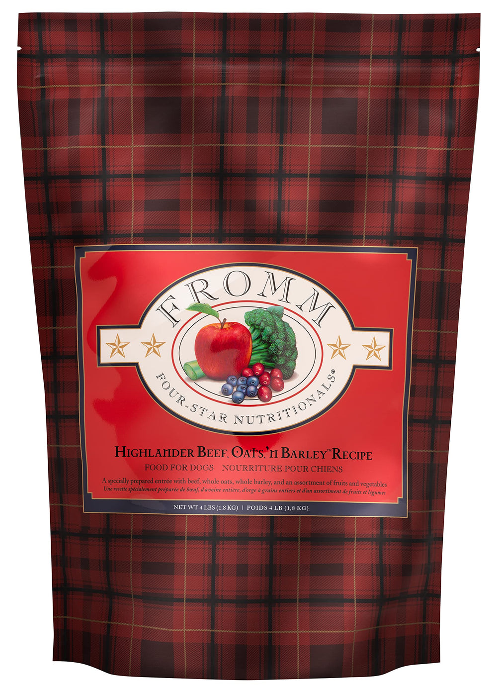 Fromm Highlander beef kibble bag shows quality protein for dogs of all ages
