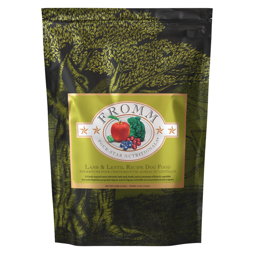 Fromm Four-Star Lamb & Lentil dog food bag suitable for all life stages.