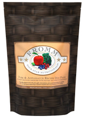 Fromm Four-Star Pork & Applesauce bag highlighting premium pork for digestibility across life stages.