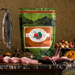 Close-up of Rancherosa ingredients: beef, pork, trout, lamb, fruits and vegetables