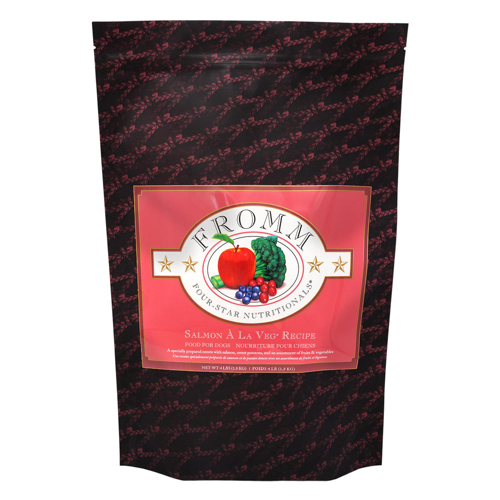 Fromm Four-Star Salmon A La Veg dry dog food bag showcases premium kibble for all life stages.
