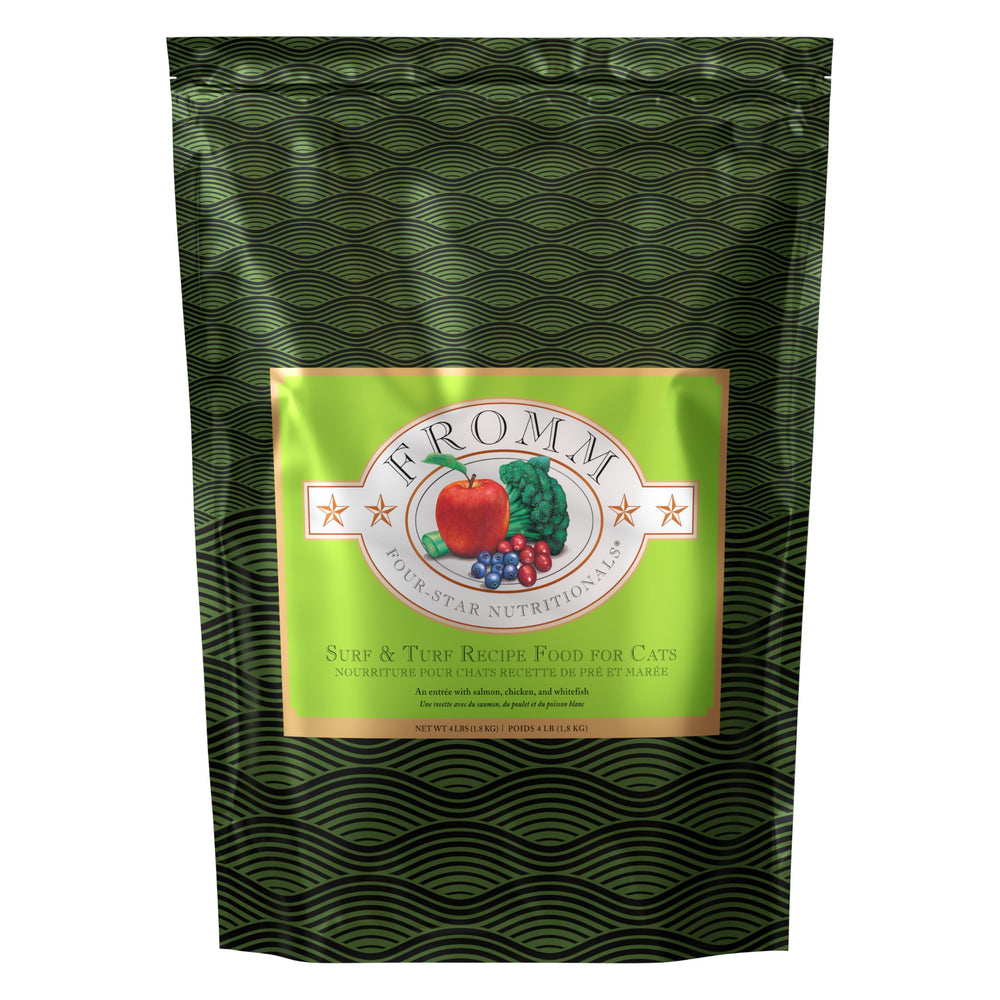 Fromm Four-Star Surf and Turf salmon recipe bag on counter, premium nutrition for cats.