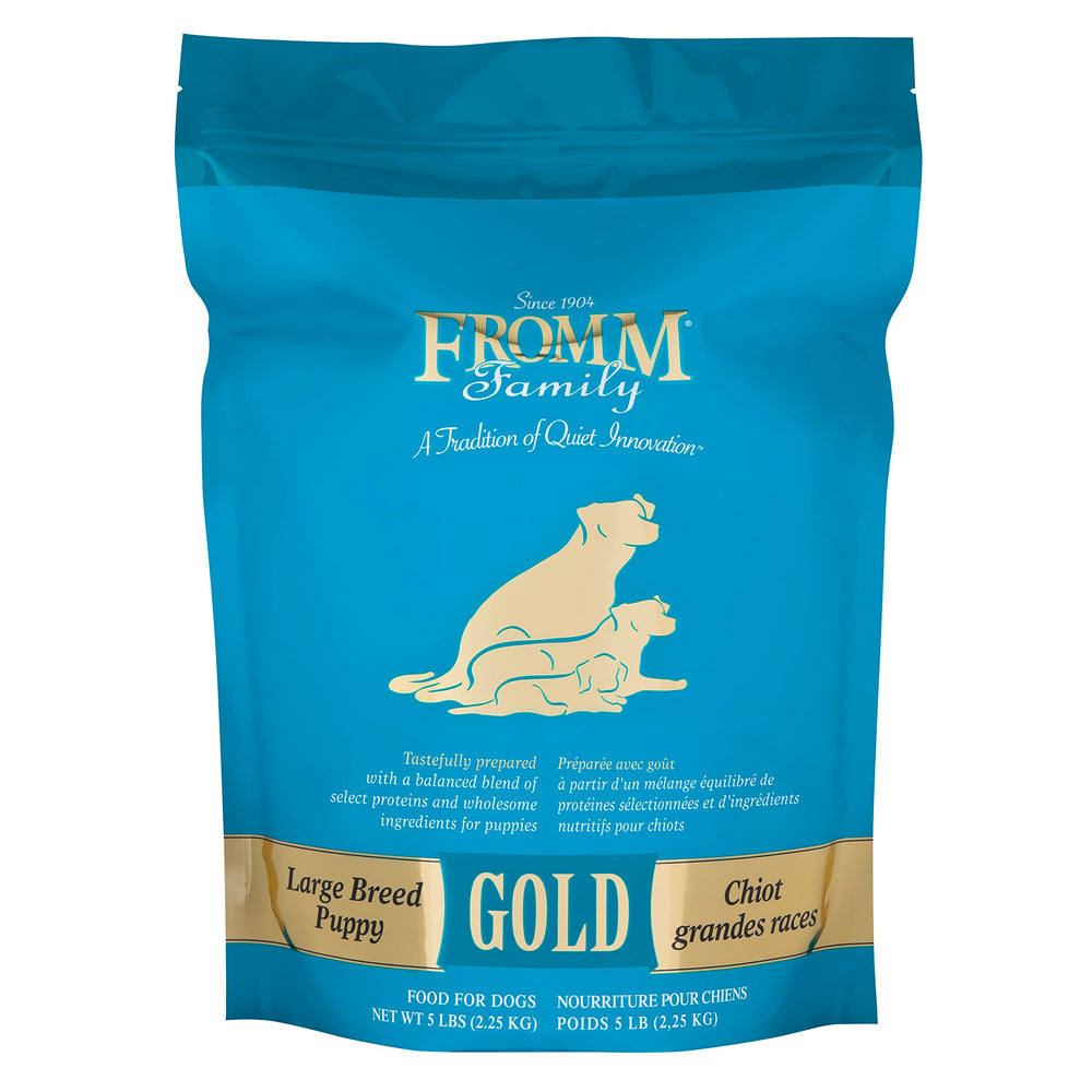 Fromm Large Breed Puppy Gold dry dog food bag closeup highlighting quality ingredients for growing puppies.