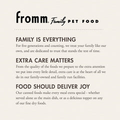Fromm Salmon & Chicken Pate product label highlighting protein blend for balanced canine nutrition.