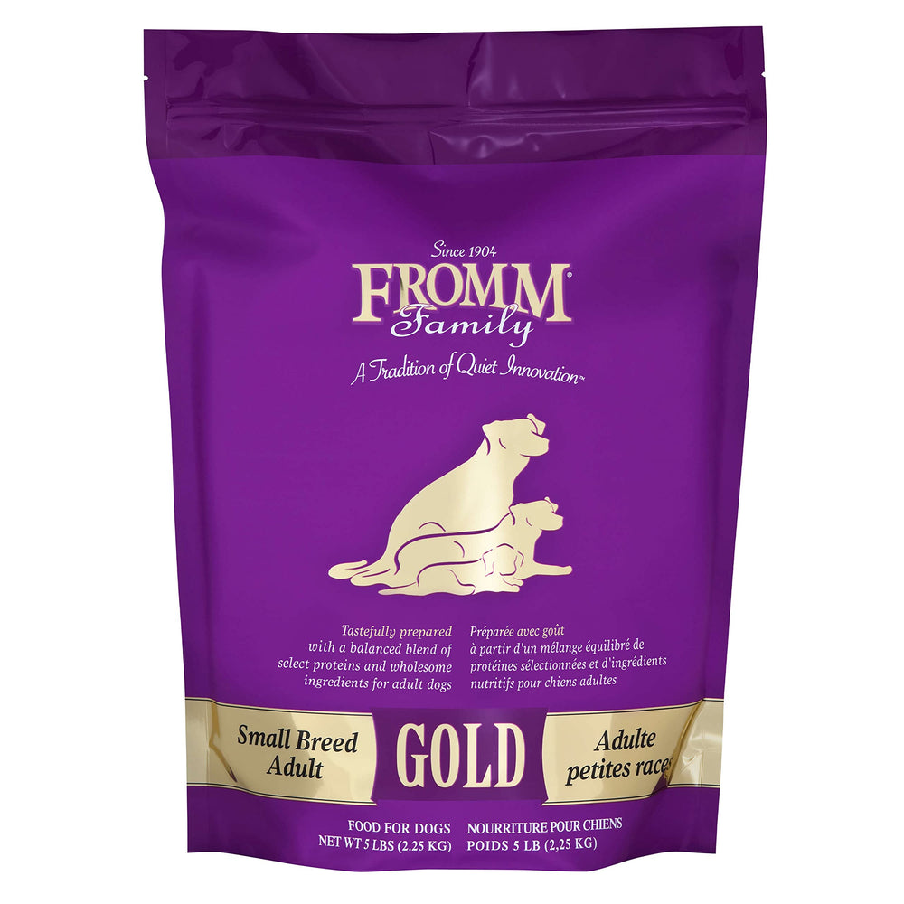 Fromm Small Breed Adult Gold chicken kibble bag, easy storage for busy households.
