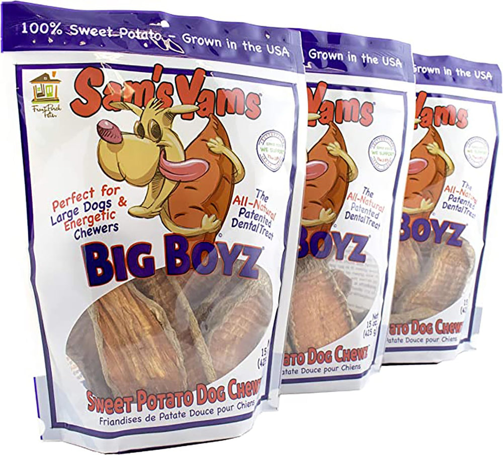 Front Porch Pets Sams Yams Big Boyz bag sealed showing fresh, high-fiber vegan dog treats