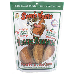 Front Porch Pets Sam's Yams sweet potato chews bag showing natural, high-fiber dog treats