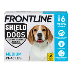 Frontline Shield bottle application for dogs showing quick protection benefits