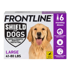 Frontline Shield packaging box for large dogs showing a 6-dose supply.