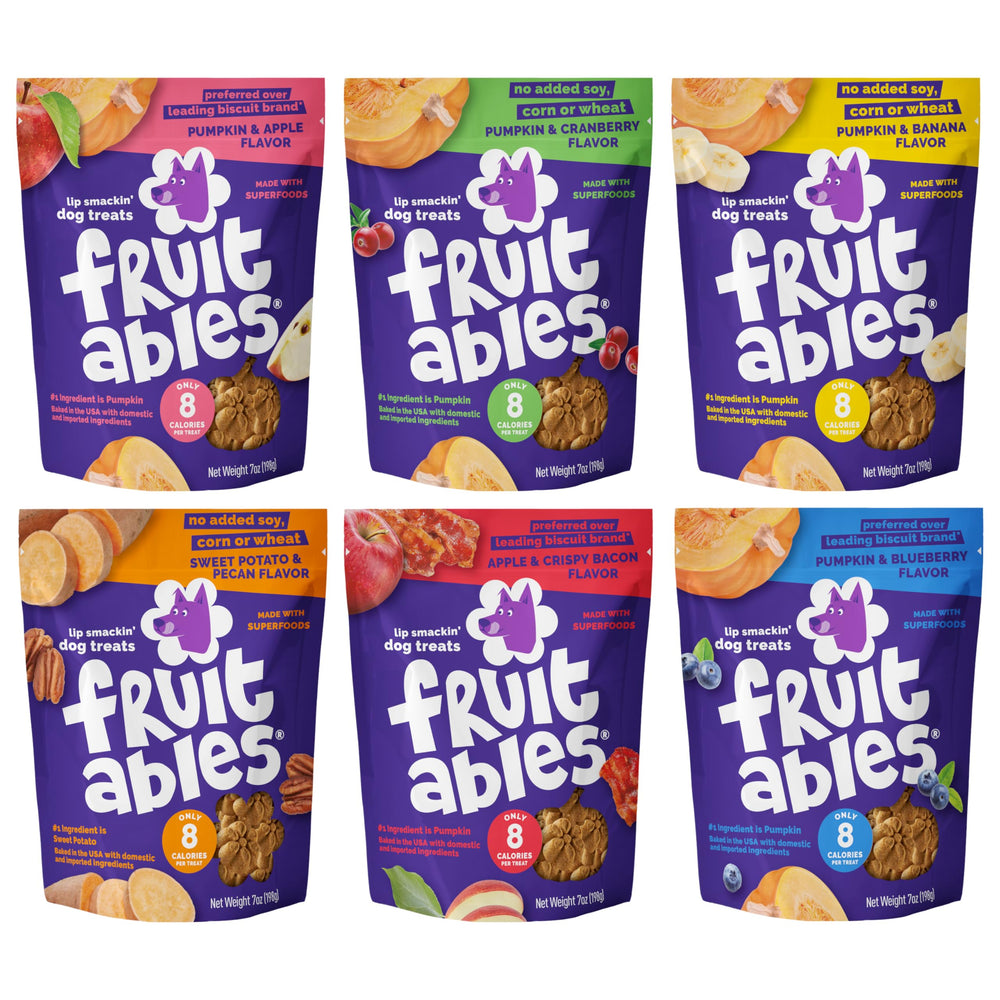 Fruitables Pumpkin Apple flavor 7oz pouch, ideal training reward for dogs.