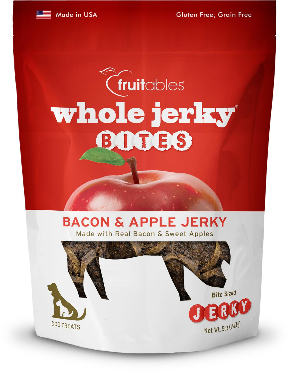 Fruitables Whole Jerky Bites packaging, bacon-apple flavor, ideal daily reward for dogs.