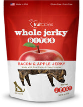Fruitables Whole Jerky Bites packaging, bacon-apple flavor, ideal daily reward for dogs.