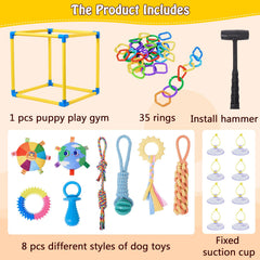 Fsawdnn Puppy Play Gym 8-toy set enhances interactive enrichment for small dogs