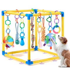 Fsawdnn Puppy Play Gym assembly shows pvc frame and suction cups for secure indoor play