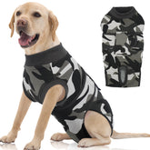FUAMEY dog recovery suit in grey camouflage back view protects wounds after surgery