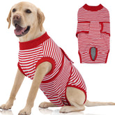 FUAMEY dog recovery suit back view shows red stripes for post-op protection.