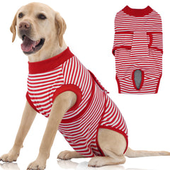FUAMEY dog recovery suit back view shows red stripes for post-op protection.