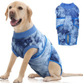 FUAMEY Recovery Suit blue tie-dye worn by a dog protects wounds while resting.
