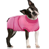FUAMEY Recovery Suit for Dogs after Surgery in rose stripes, back view showing flexible fit.