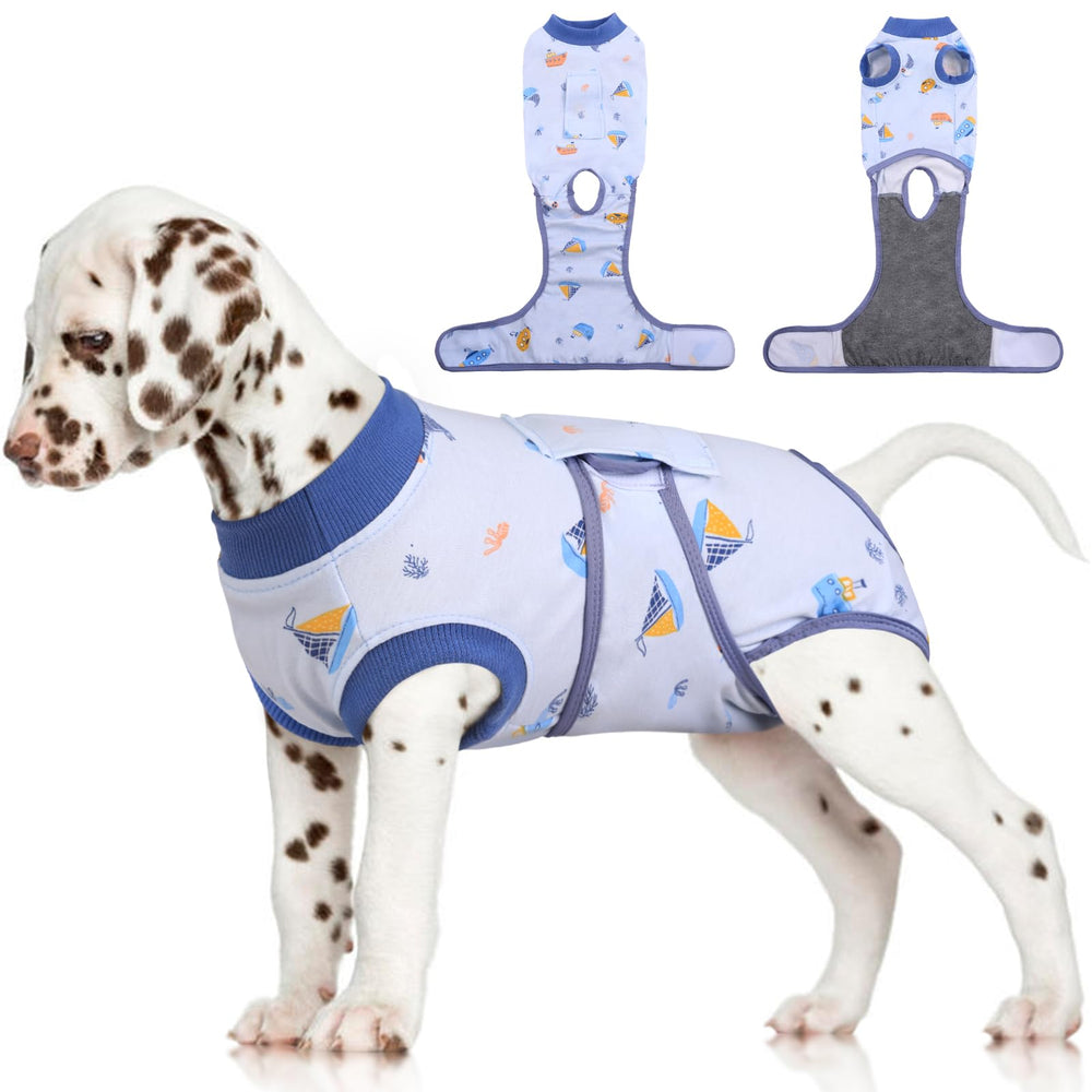 FUAMEY recovery suit on dog, back view showing post-op protection and comfort