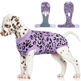 FUAMEY Recovery Suit for Dogs in purple leopard front view protects wounds.