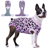 FUAMEY recovery suit for dogs in purple leopard protects wounds while allowing movement.