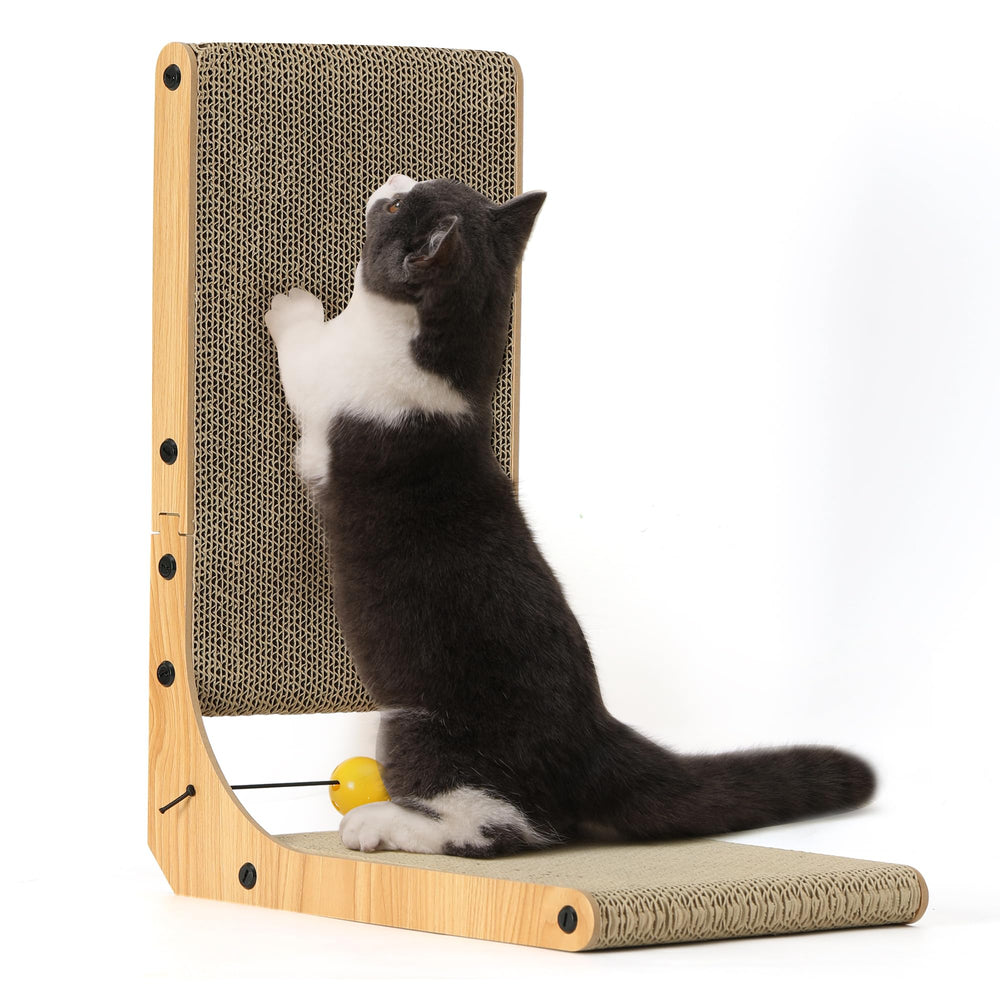 FUKUMARU Cat Scratcher in L-shape wall mount offers space-saving feline play.