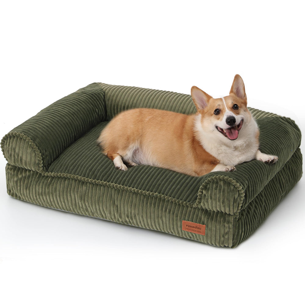 FUKUMARU corduroy dog bed with green cover for cozy warmth.