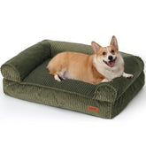 FUKUMARU corduroy dog bed with green cover for cozy warmth.