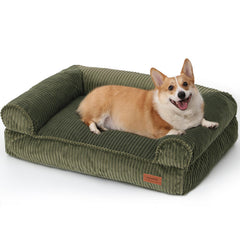 FUKUMARU corduroy dog bed with green cover for cozy warmth.